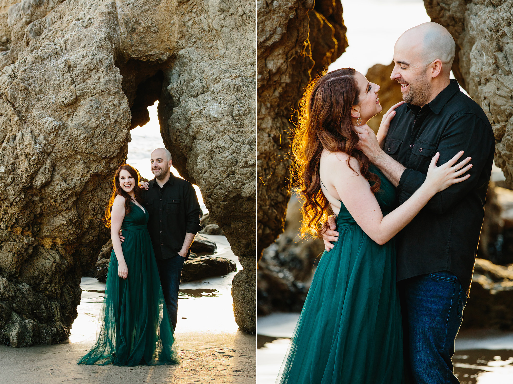 two vertical photos next to one another from engagement session at el matador beach in california