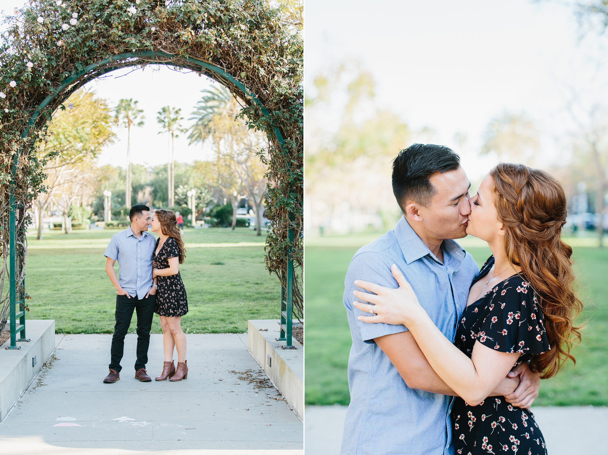 Two vertical photos of young engaged couple kissing under a vine arch. 