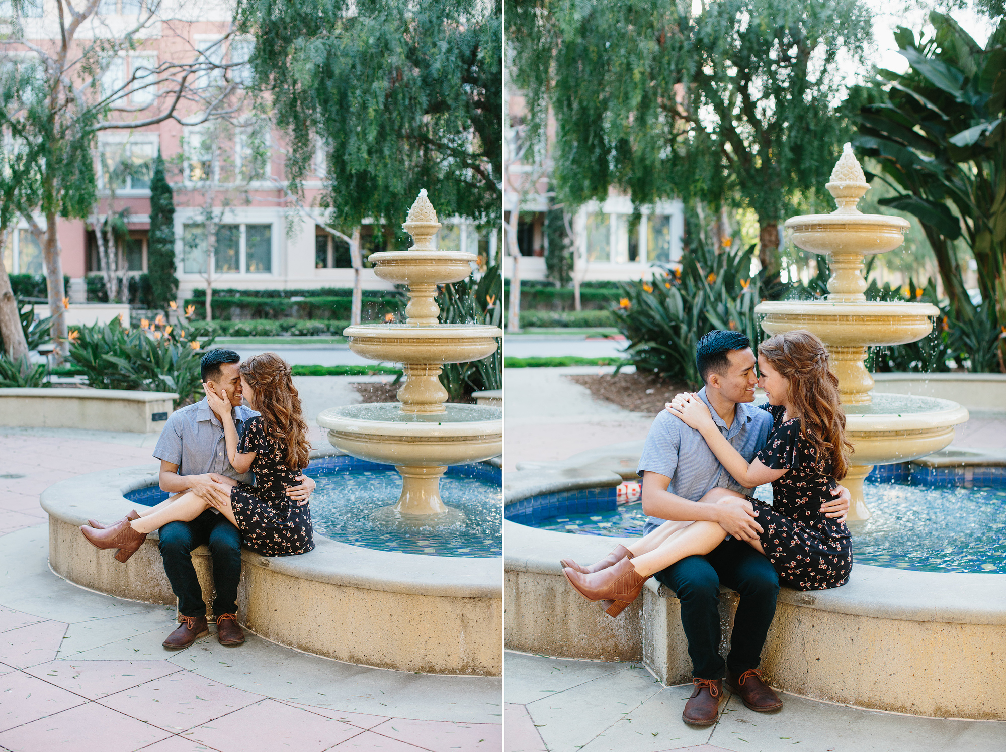 Two engagement photos. Couple sitting on edge of fountain