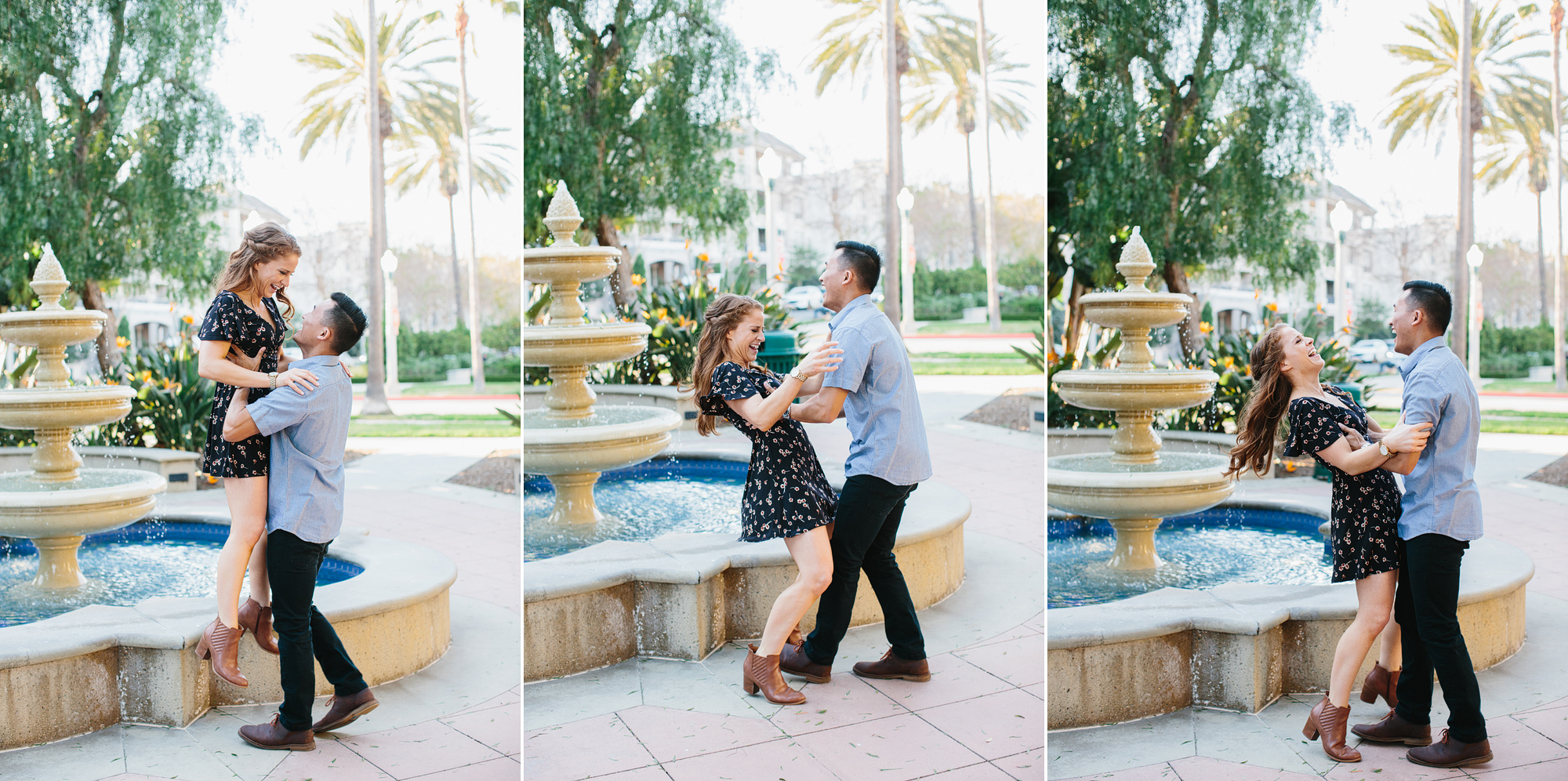 Three photos from engagement session. Sequence of woman jumping off fountain with grooms help