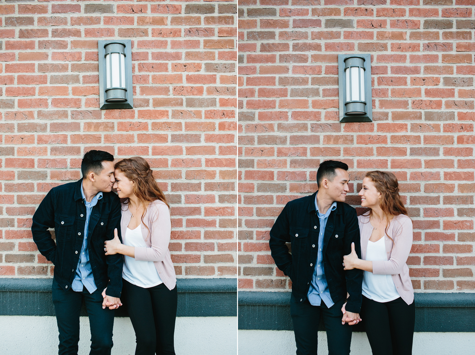 two vertical photos of couple against a red brick wall