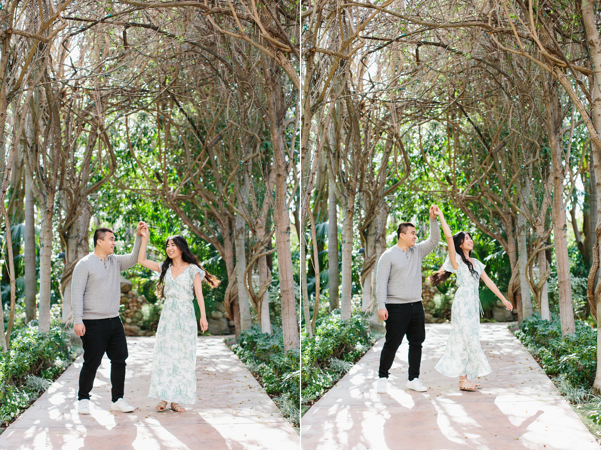 Two photos of groom twirling bride at their engagement session