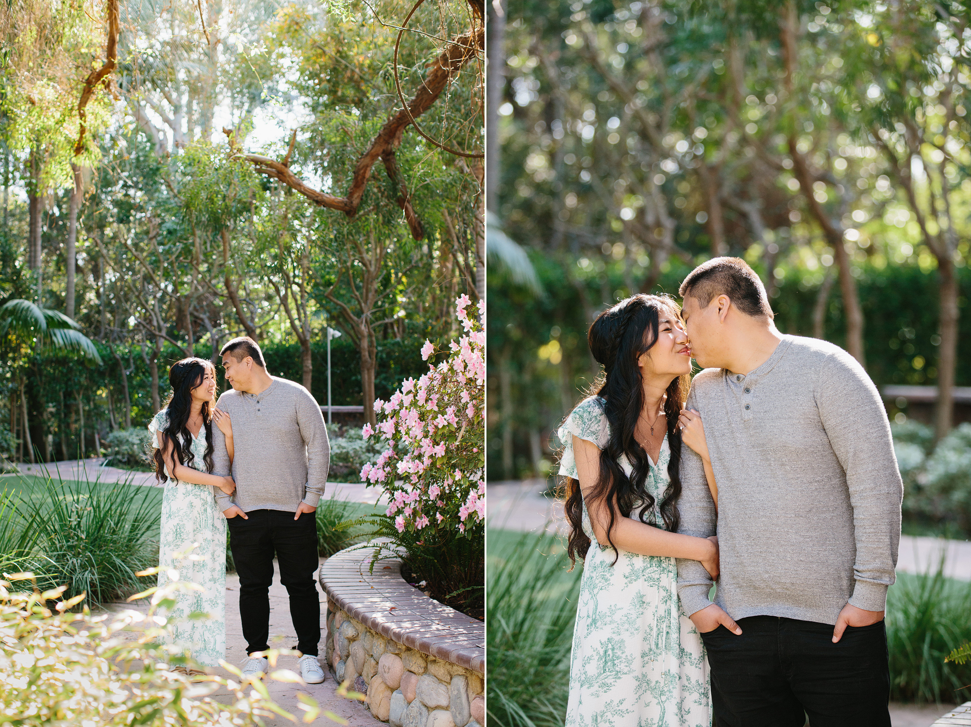 engaged couple kissing in a garden in southern california